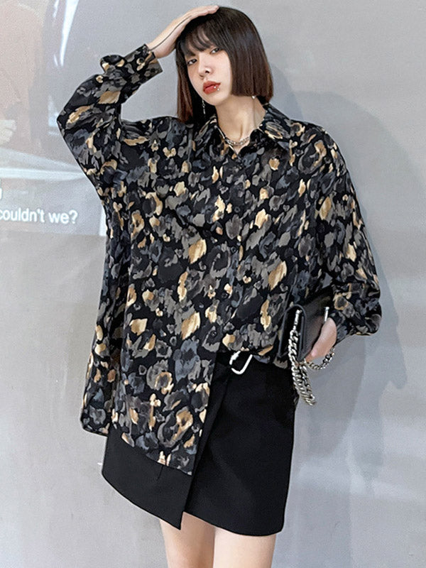 Original Stylish Loose Irregular Split-Joint Buttoned Floral Printed Lapel Collar Long Sleeves Blouse