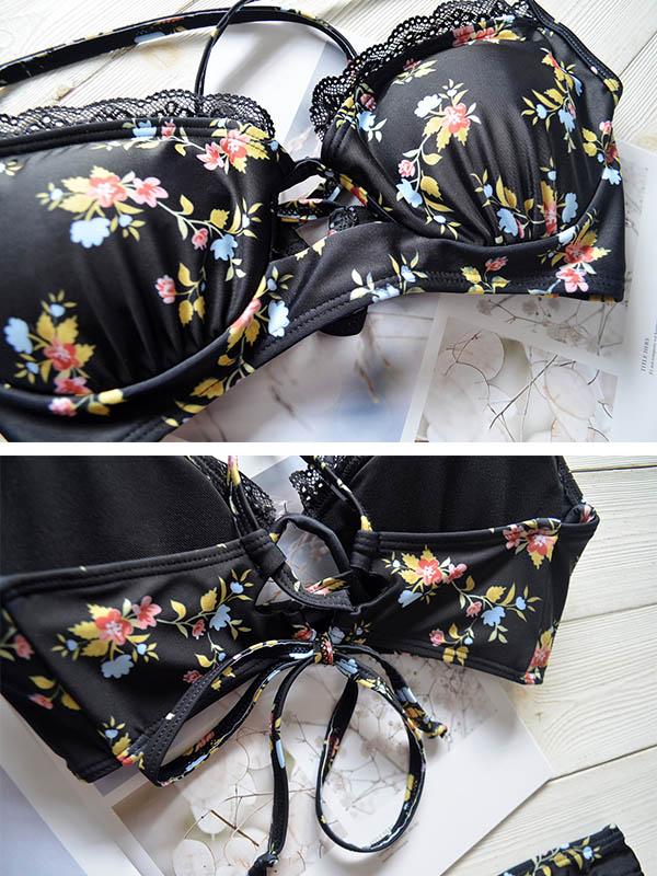 Floral-Print Hollow Split Bikini Swimsuit