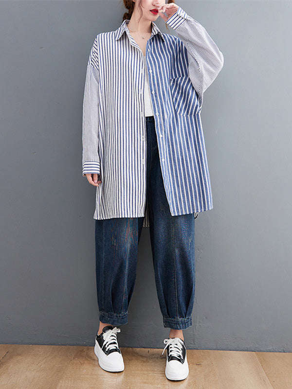 Artistic Retro Loose Striped Split-Joint With Pocket Buttoned Split-Side High-Low Lapel Collar Long Sleeves Blouse