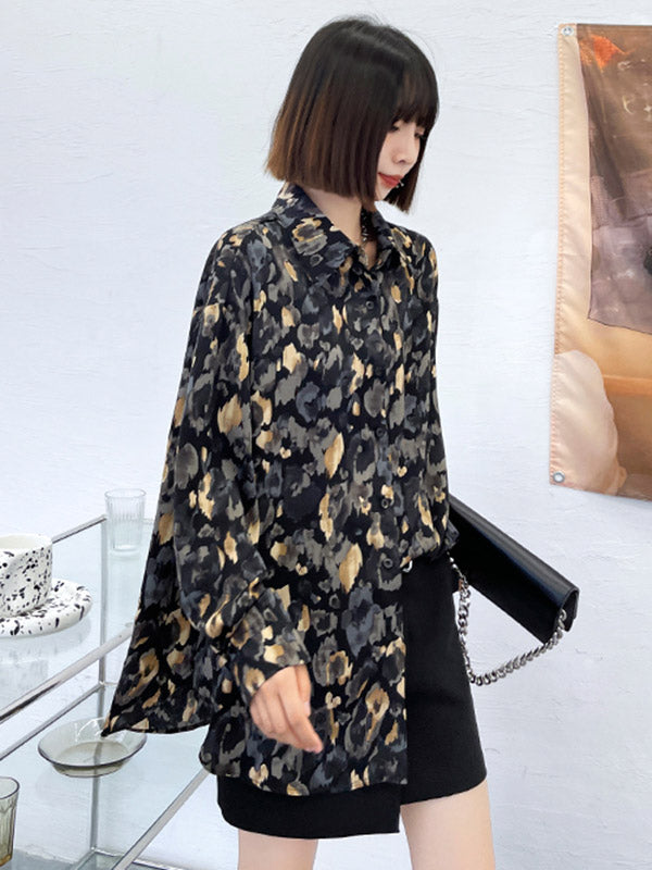 Original Stylish Loose Irregular Split-Joint Buttoned Floral Printed Lapel Collar Long Sleeves Blouse