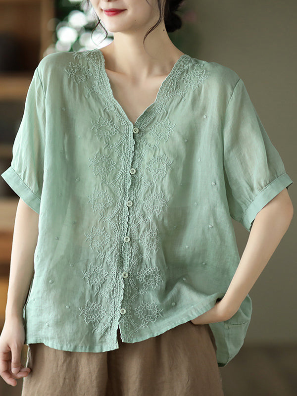 Artistic Retro Loose Solid Color Ramie Cotton Embroidered Blouse