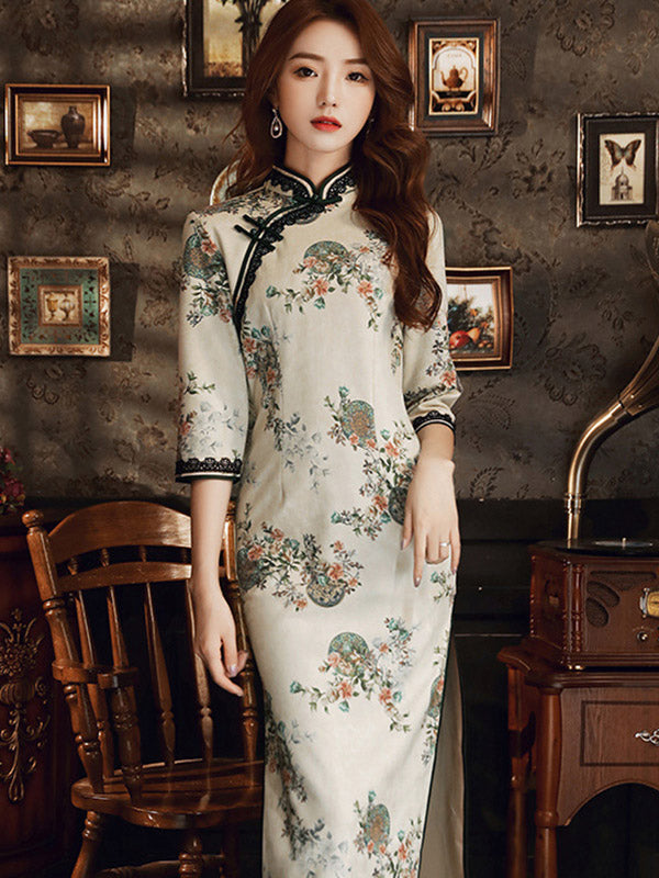 Vintage Floral Printed Split-Joint Lace Stand Collar Half Sleeves Long Cheongsams