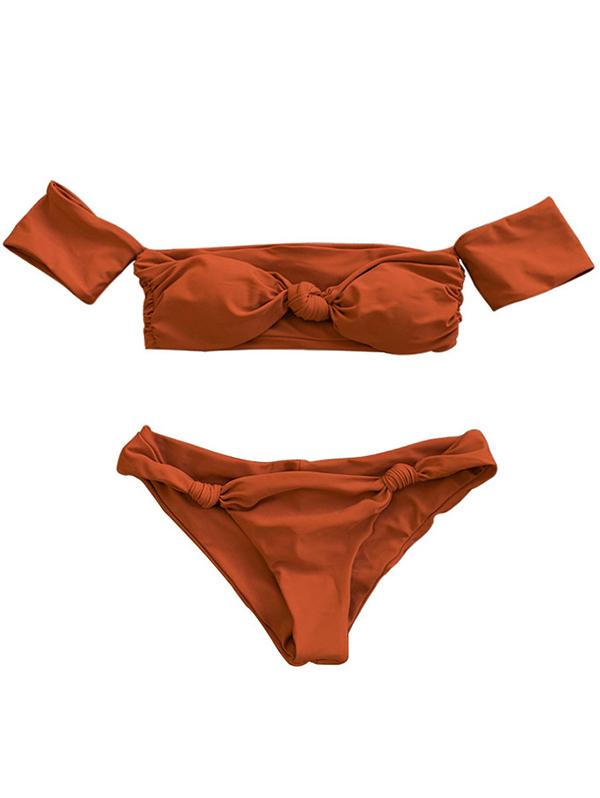 Ruched Plain Tie a Knot Bikini Set