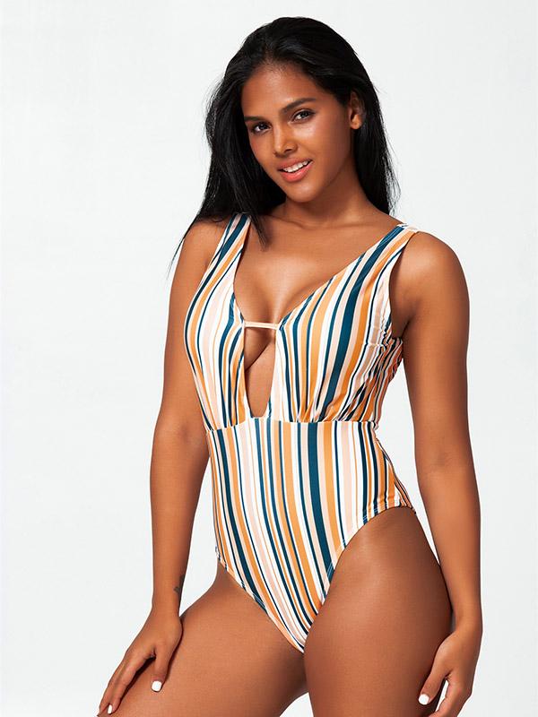 Sexy Deep V-Neck Hollow Stripes One-Piece Bikini Swimwear