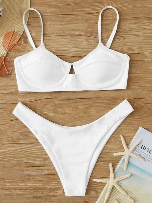 Ribbed Underwired Solid Color Split Bikini Swimsuit