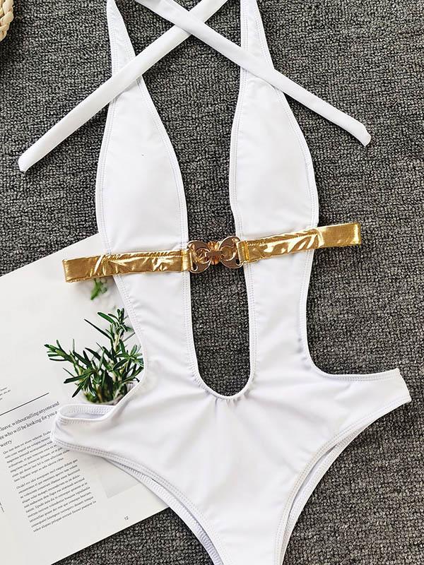 Sexy Deep V-Neck Sash Split Type Bikini Swimsuit