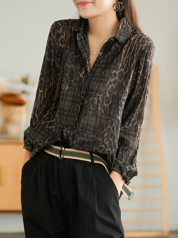 Simple Long Sleeves Leopard Printed Blouses Top