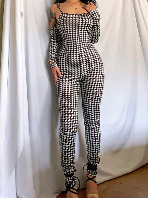 Long Sleeves Houndstooth Off-The-Shoulder Jumpsuits