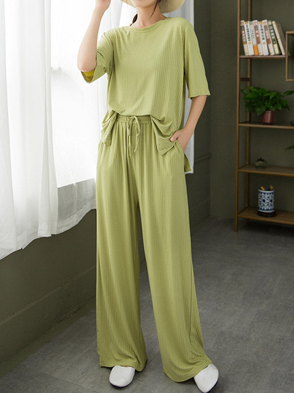 Casual Loose Solid Color Round-Neck Half Sleeves T-Shirt&Drawstring Pleated Wide Legs Pants 2 Pieces Set