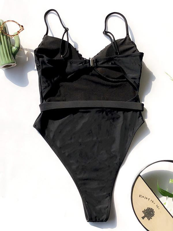 Sexy Spaghetti-Neck Fold Waist Buckle One-Piece Swimwear