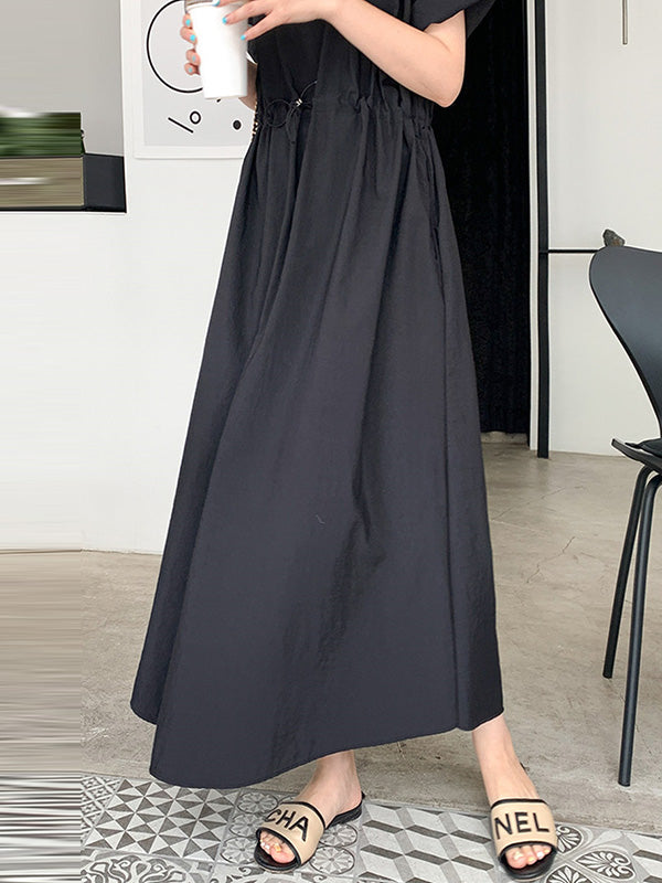 Casual Solid Color Drawstring Pleated Round-Neck Half Sleeves High-Waist Midi Dress