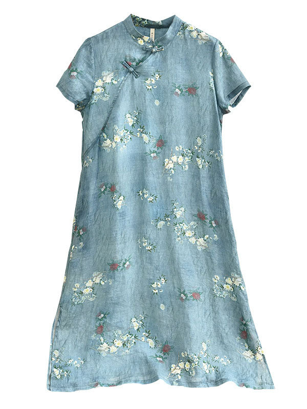 Vintage Ramie Cotton Floral Printed Stand Collar Split-Side Short Sleeves Dress Long Cheongsam