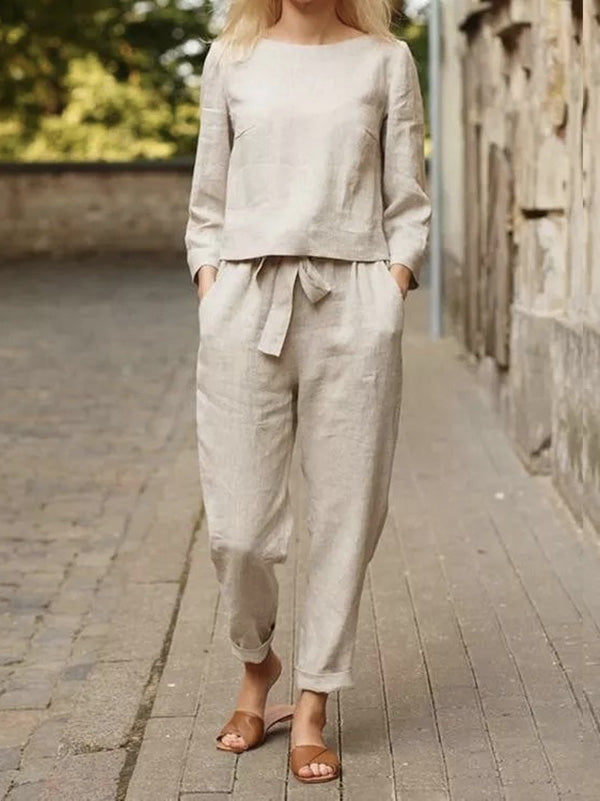 Solid Color Long Sleeve T-Shirt + Belted Pants Two Pieces Set