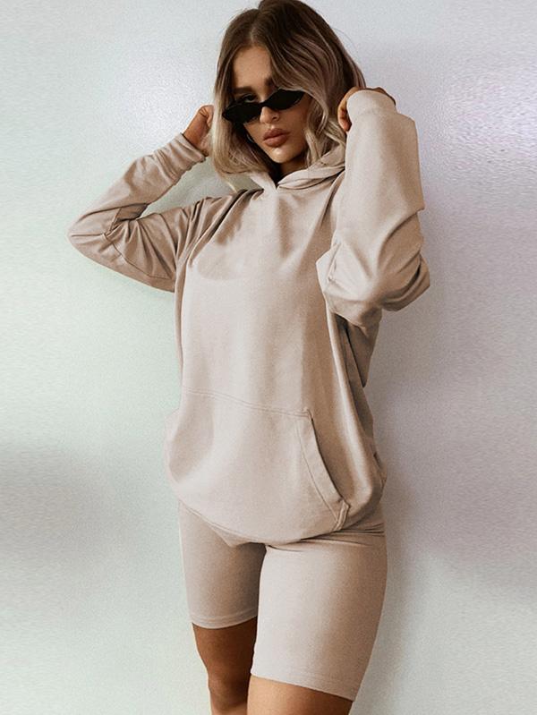 Casual Loose Solid Color Hooded Sweat Shirts&Shorts Suits