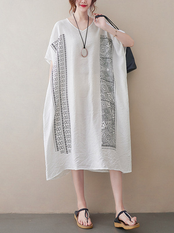 National Printed Batwing Sleeves Round-Neck Loose Midi Dress