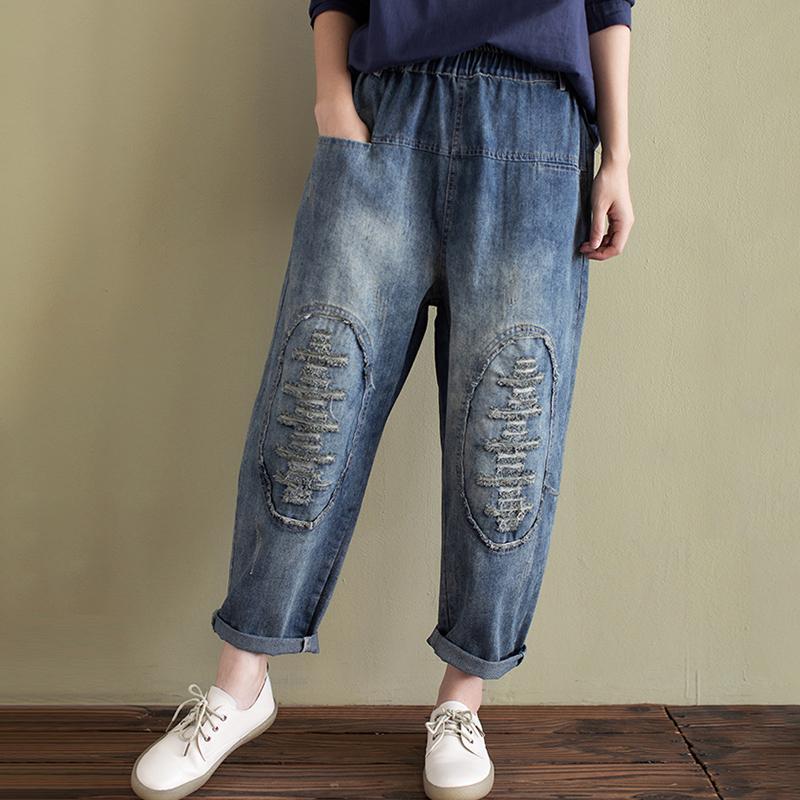 Buykud Personalized Frayed Design Solid Color Harem Jeans