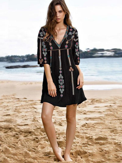 Black Floral V-neck Mini Cover-up