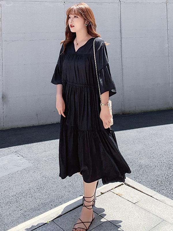 Loose Flared Sleeves Solid Layeres Dress