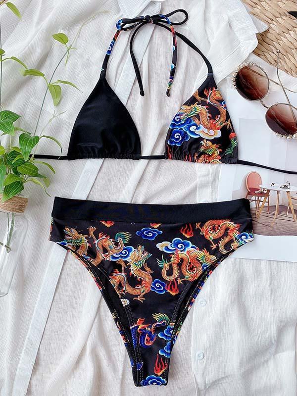 Asymmetric  Floral-Print Triangles Split Bikini Swimsuit