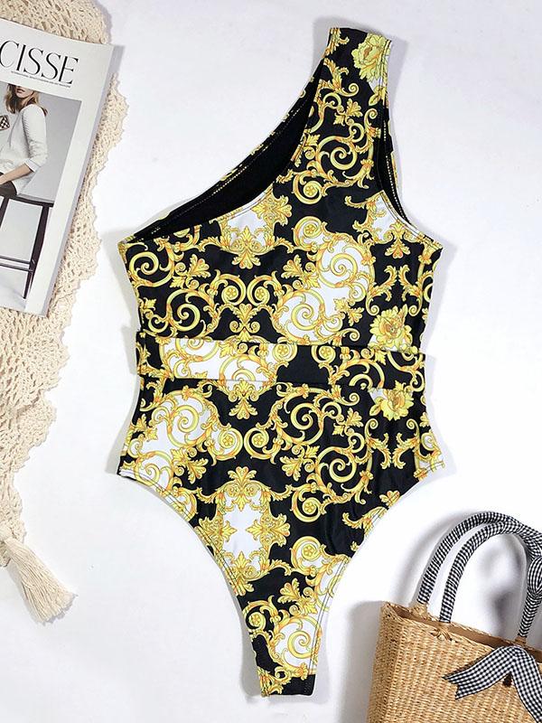 One-Shoulder Hollow Belted One-Piece Swimwear