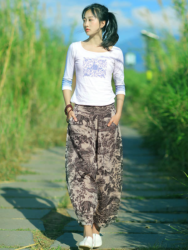 Vintage Elasticity Waist Ink Painting Printed Ninth Pants