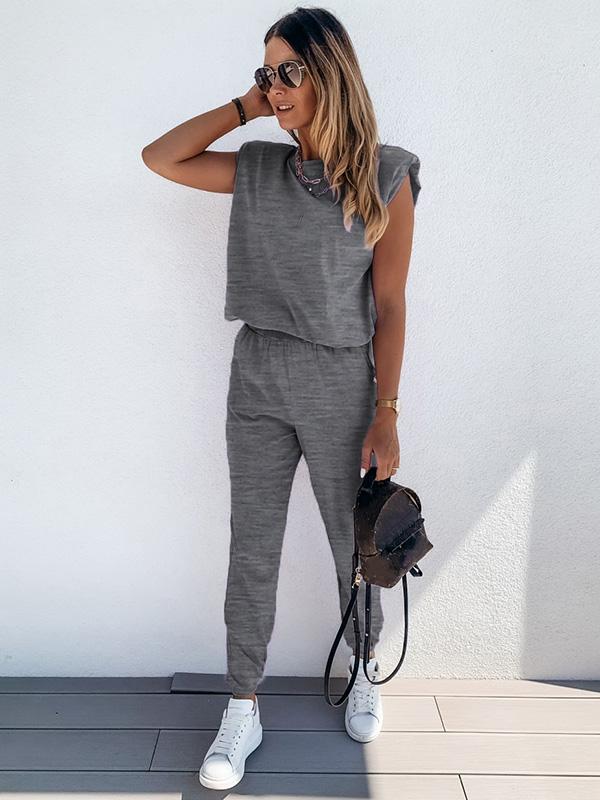 Casual Solid Color Shoulder Pad Tees&Pants Suits