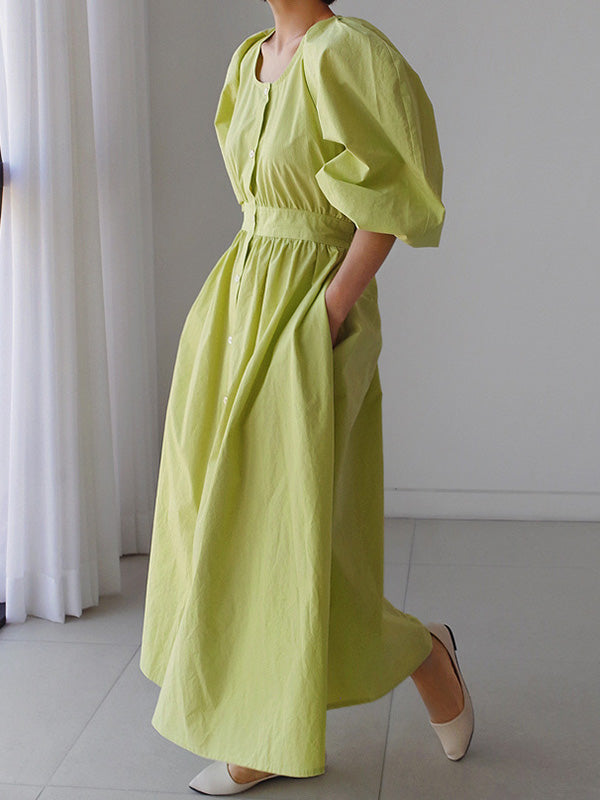 Original Solid Color Pleated Buttoned Round-Neck Bishop Sleeves Midi Dress