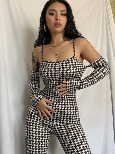 Long Sleeves Houndstooth Off-The-Shoulder Jumpsuits