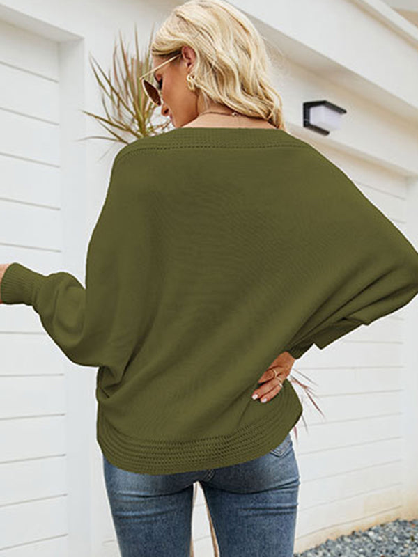 Loose Batwing Sleeves Twist Solid Color V-Neck Sweater Tops