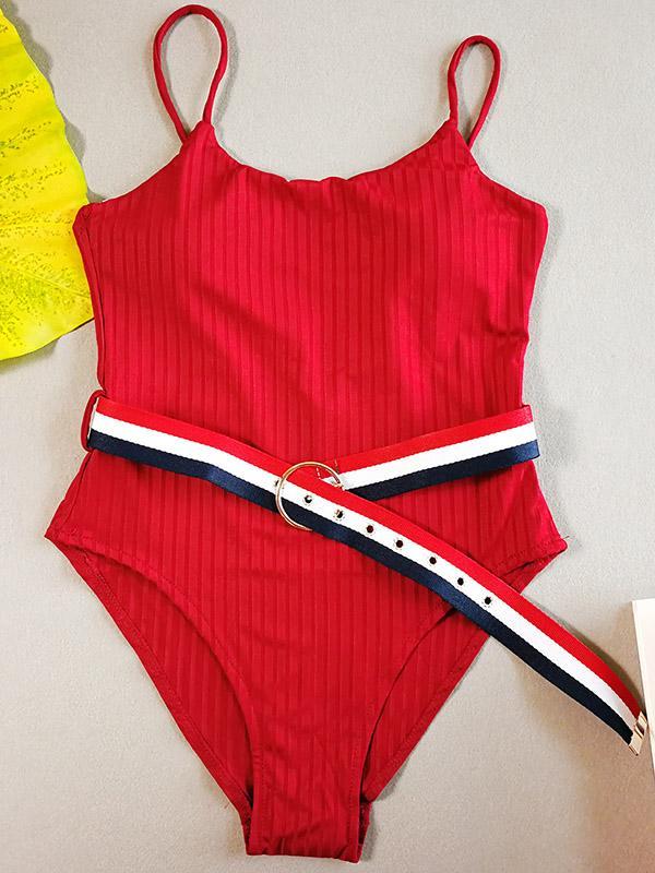 Plain Striped Belt One-piece Swimwear