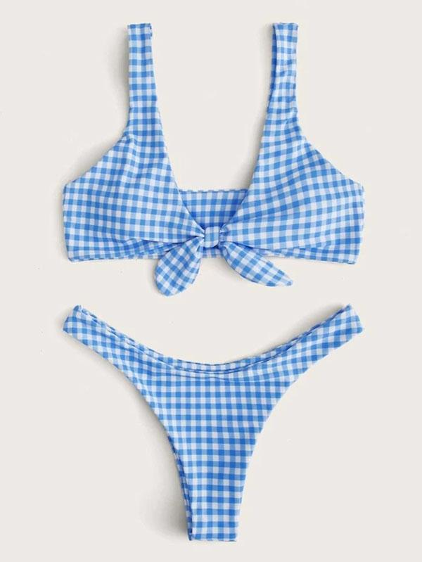 Plaid-Print Knotted Split Bikini Swimsuit