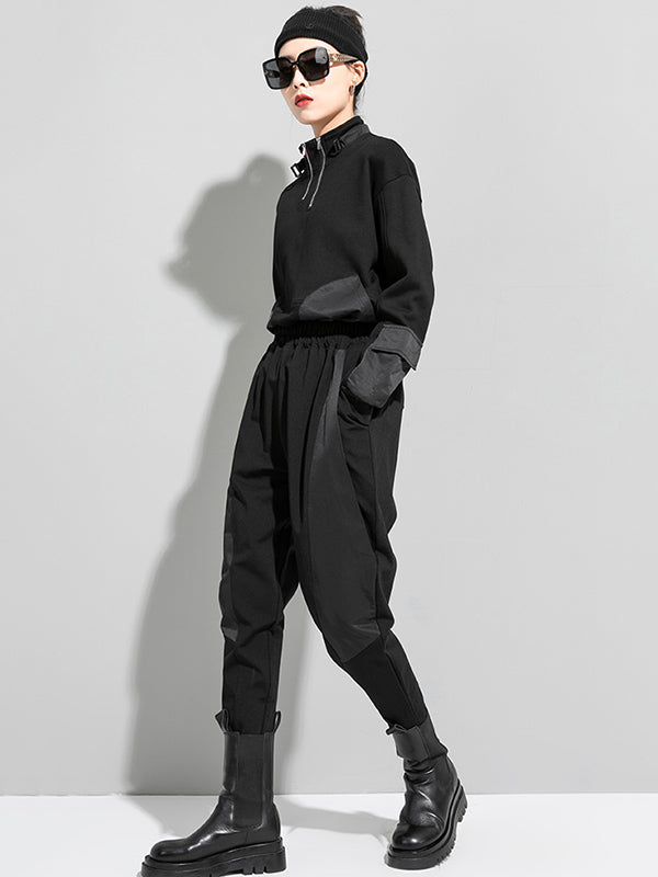 Urban Black Drawstring Split-Joint High-Waist Casual Pants