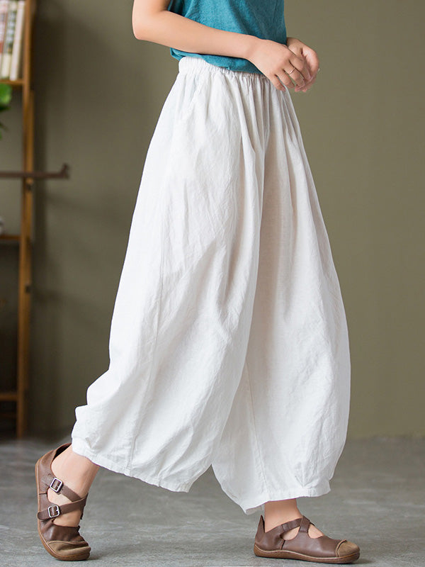 Simple Loose Linen Solid Color Pleated Drawstring Wide Legs Knickerbockers