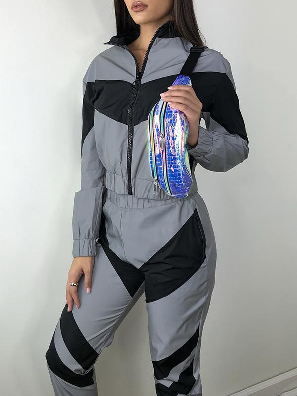 Patchwork Zipper Sport Jackets And Casual Pants Suits