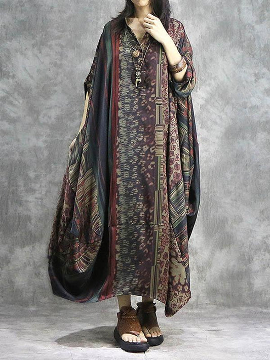 Vintage Split-joint Loose Silk Printed Maxi Dress