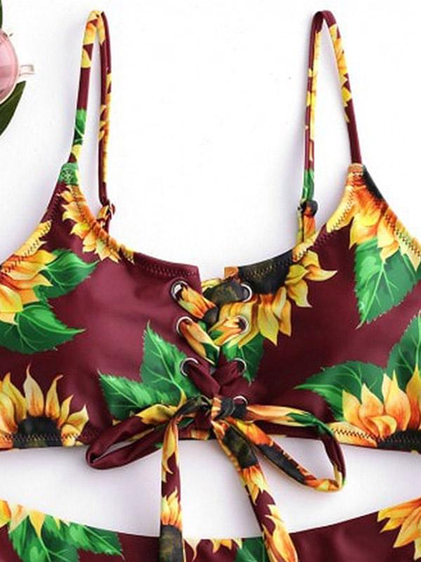 Floral-Print Bandage Split Bikini Swimsuit