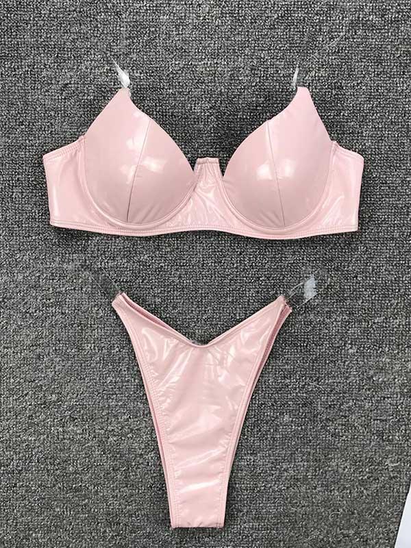 Patent Leather Solid Color Split Bikini Swimsuit