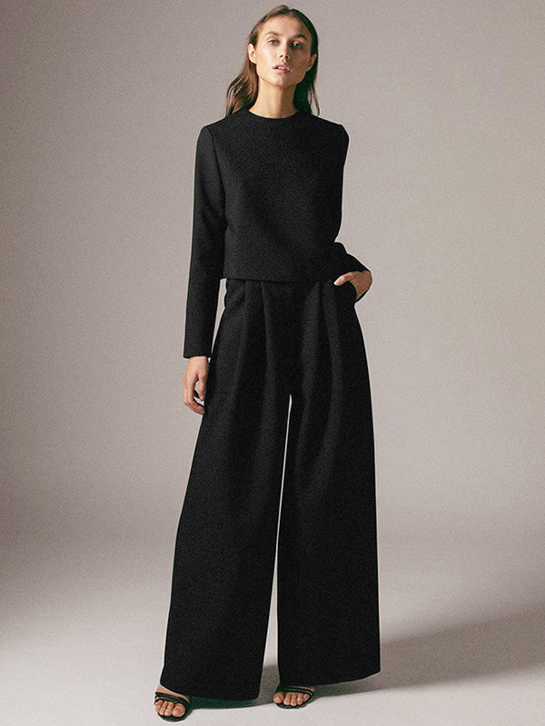 Casual Solid Color Round-Neck Long Sleeves T-Shirt+Wide Leg Pants 2 Pieces Set