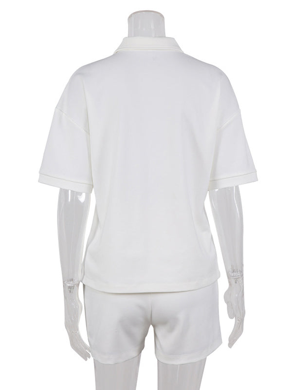 Simple White Lapel Polo Collar T-Shirt+ Shorts Two Pieces Set