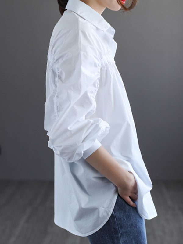 Simple Split-Joint Pleated Buttoned Lapel Collar Long Sleeves Blouses