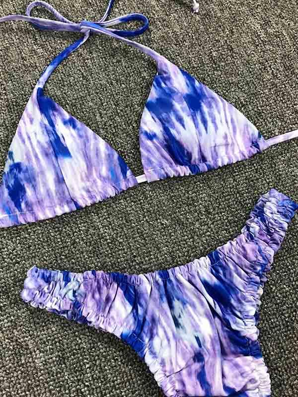 Sexy Spaghetti-Neck Ruffled Tie-Dye Split Type Bikini Swimsuit