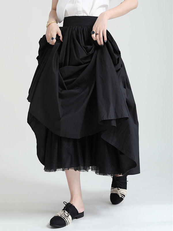 Urban Solid Color Split-Joint Mesh Pleated A-Line Skirt