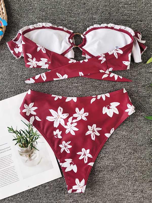 Floral-Print Ferrule Split Bikini Swimsuit