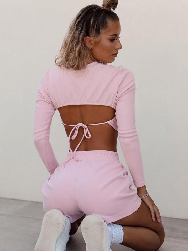 Solid Color Long Sleeves Backless Tees&Shorts Suits