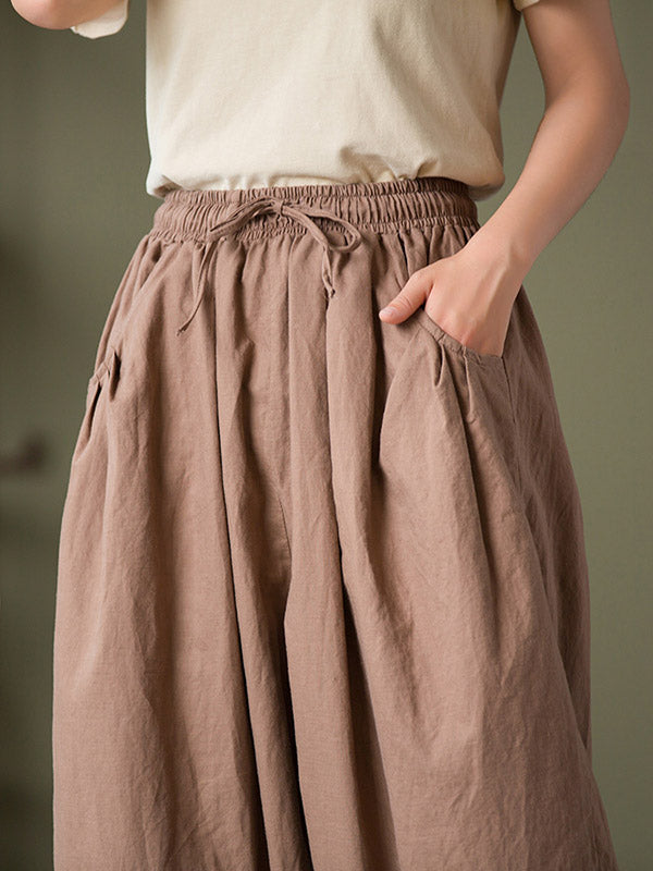 Simple Casual Loose Linen Solid Color Pleated Drawstring Knickerbockers