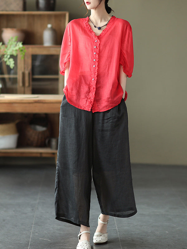 Simple Casual Vintage Ramie Cotton Wide Legs Pants