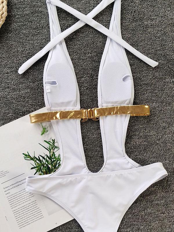 Sexy Deep V-Neck Sash Split Type Bikini Swimsuit