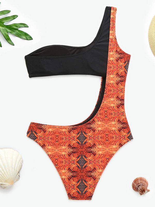 Floral-Print Split-Joint One-Shoulder One-Piece Swimwear