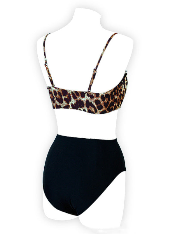 Leopard Print Bandeau Spaghetti-Neck Color-Block Split Bikini Swimsuit