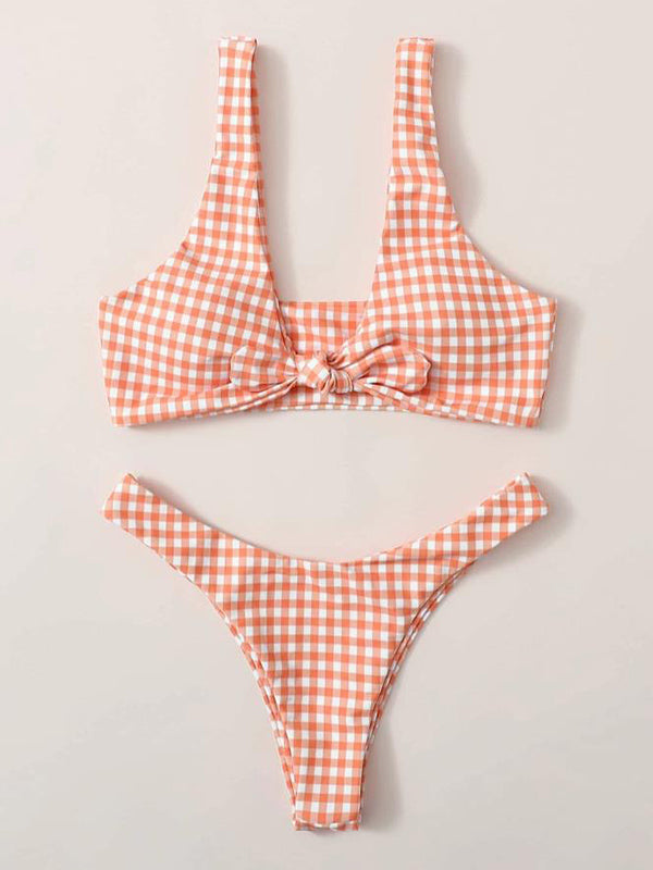 Plaid Printed Knotted Split Bikini Swimsuit